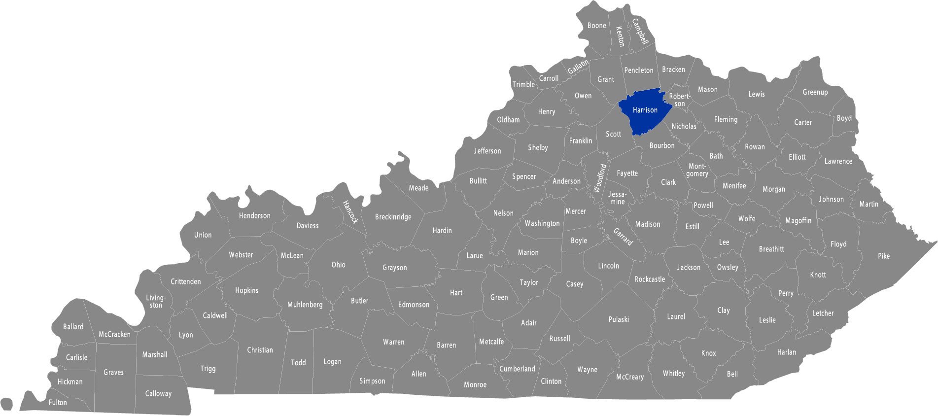 State of Kentucky map with Harrison County highlighted